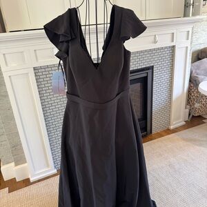 Kleinfeld Black bridesmaid dress with back zipper, a-line style, ruffle sleeves